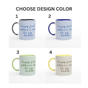 May include: Four coffee mugs with the text "happy first father's day to my daddy". Each mug has a different color handle and interior: black, blue, green, and yellow. The mugs have a vertical striped pattern.