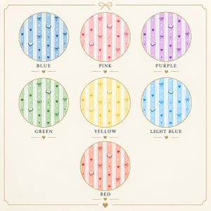 May include: Seven circular swatches featuring vertical stripes and repeating patterns of bows, hearts, books, and stars. The color options labeled are blue, pink, purple, green, yellow, light blue, and red, each centered with a heart icon below.