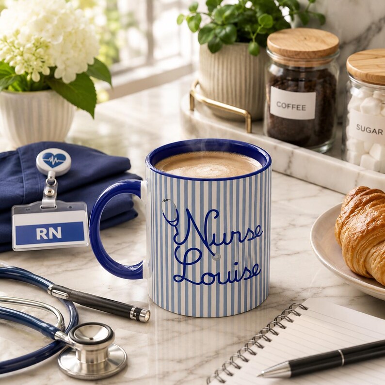 May include: A white and blue striped coffee mug with the name "Nurse Louise" in blue script. The mug has a blue handle and rim, and is next to a stethoscope, a pen, and a notepad. A "RN" badge is also visible.