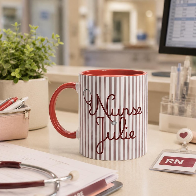 May include: A ceramic mug with a red handle and interior, featuring vertical brown and white stripes. The mug has the words "Nurse Julie" in a cursive font, with a stethoscope graphic. A perfect gift for a nurse.