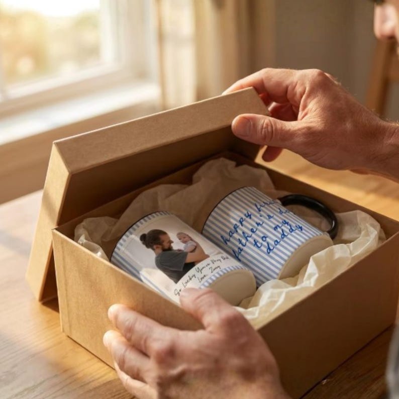 May include: A gift box containing two white ceramic mugs. One mug features a photo of a person holding a baby, with text below. The other mug has blue stripes and the text "Happy Father to my Daddy."