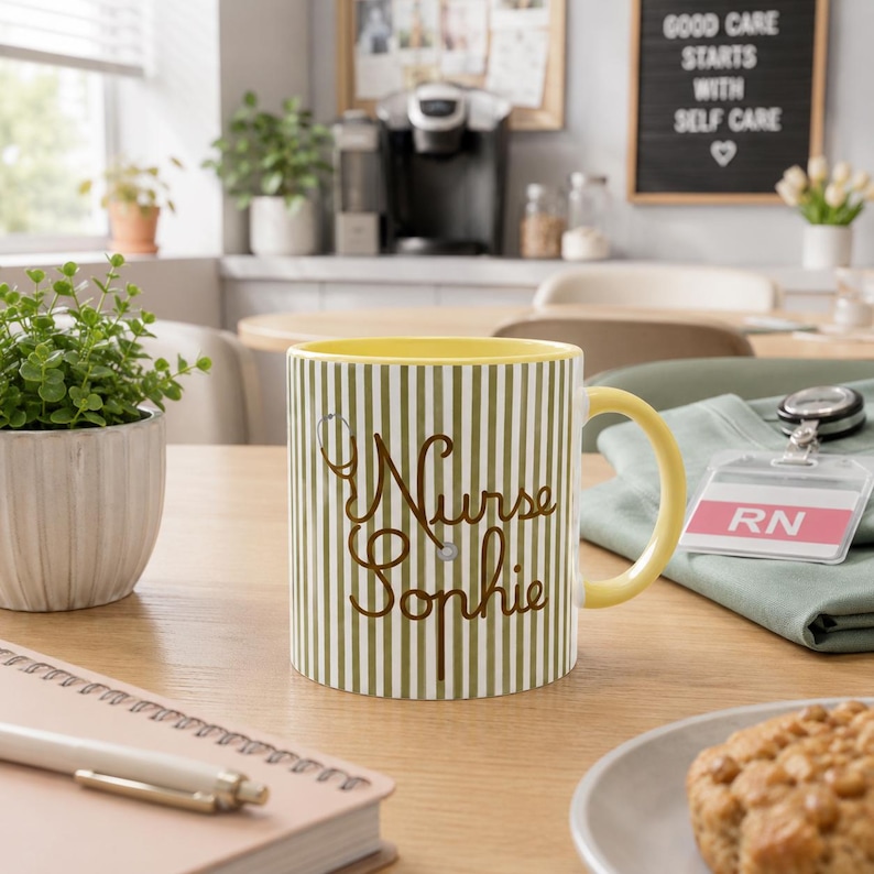 May include: A ceramic mug with a yellow interior and handle, featuring vertical olive green and white stripes. The mug has the name "Nurse Sophie" in a cursive font, with a stethoscope graphic.