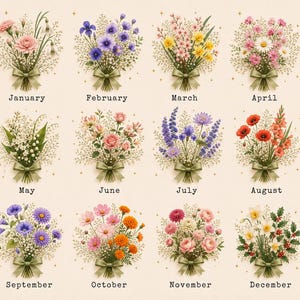 May include: A grid of twelve floral bouquets representing each month of the year, labeled January through December. Each bouquet is tied with a light green ribbon and surrounded by small gold star accents on a cream-colored background.