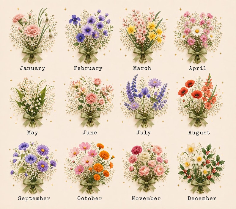 May include: A grid of twelve floral bouquets representing each month of the year, labeled January through December. Each bouquet is tied with a light green ribbon and surrounded by small gold star accents on a cream-colored background.