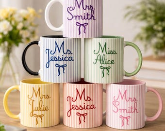 CUSTOM Name Teacher Mug, PERSONALISED Mug for Teachers, Custom Teacher Appreciation Gifts, Striped Coquette Mug, End Of School Teacher Gifts