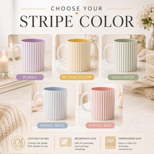 May include: A selection of striped ceramic mugs in various colors: purple, butter yellow, sage green, pastel blue, and pastel red. The mugs have white handles and are labeled with their respective colors. The image also includes text that says "CHOOSE YOUR STRIPE COLOR."