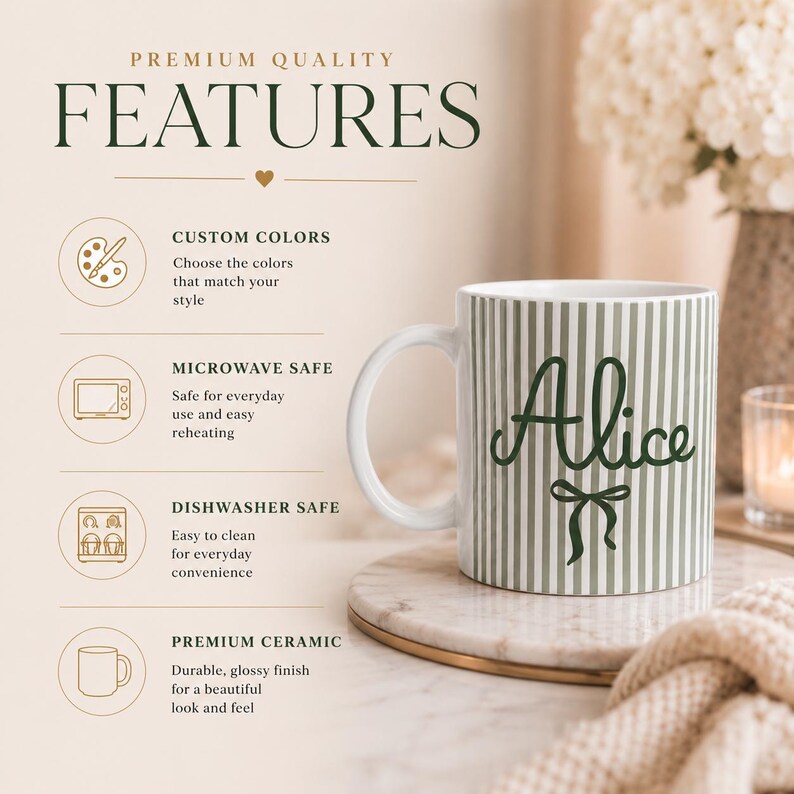 May include: White ceramic mug with vertical green stripes and the name "Alice" in a dark green script font. The mug is labeled "Microwave Safe" and "Dishwasher Safe". The mug is on a marble coaster.
