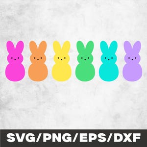 May include: Six colorful Easter bunny shapes in pink, orange, yellow, green, turquoise, and purple. Each bunny has two ears and three small black dots for eyes. The bottom of the image has the text "SVG/PNG/EPS/DXF".