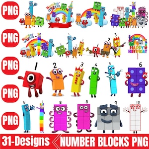 Puede incluir: Una colección de 31 diseños digitales PNG con personajes de Numberblocks en varias poses, incluyendo grupos con arcoíris, bloques numerados individuales del uno al diez y un gráfico de Happy Birthday con figuras de bloques coloridas.