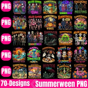 May include: A digital collection of 70 graphic designs featuring horror movie characters in summer settings. The illustrations include skeletons, pumpkins, and iconic villains enjoying beach activities, barbecues, and tropical vacations with vibrant colors.