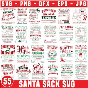 May include: A collection of 55 Christmas-themed SVG, PNG, DFX, EPS, and JPG files. The designs feature festive text and graphics, including reindeer, Santa Claus, and delivery-related phrases. The color palette includes red, green, and white, perfect for holiday crafts and projects.