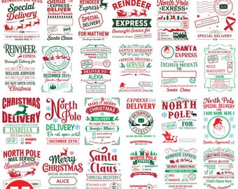50+ Christmas Santa Sack SVG Png Bundle, North Pole Gift Bag Designs, Custom Cartoon Xmas Png, Tote Bag PNG, Add Kids Name PNG
