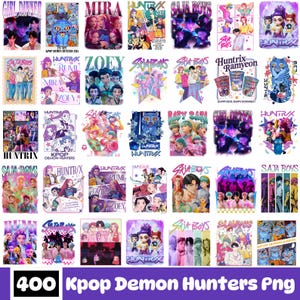 May include: A selection of Kpop Demon Hunters PNG images, displaying diverse designs with vibrant illustrations and text. The images present different characters and group names, with a range of styles and themes. The text "400 Kpop Demon Hunters Png" is at the bottom.