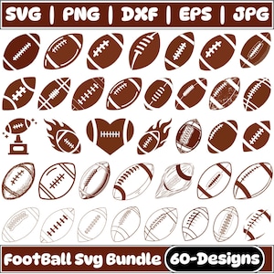 May include: A collection of 60 football designs in SVG, PNG, DXF, EPS, and JPG formats. The image features various illustrations of footballs, including some with flames, a heart-shaped football, and a trophy. The text "FootBall Svg Bundle 60-Designs" is also included.