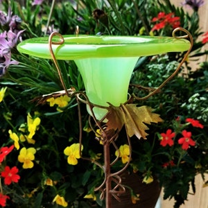 Chartreuse Green Glass, BIRD and BUTTERFLY Feeder, Staked, Copper Accents, Outdoor Decor, Garden Gift image 4