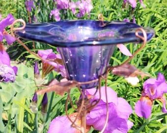 Ruffled Stained Glass  BUTTERFLY and BIRD FEEDER, Violet, copper garden art, outdoor Garden Decor, Gifts under 50