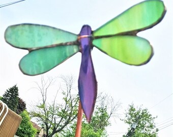 DRAGONFLY GARDEN STAKE, Stained Glass, Violet and Yellow Green, 5" x 3.5" on a 18" metal stake, Garden Gift, Gifts under 25