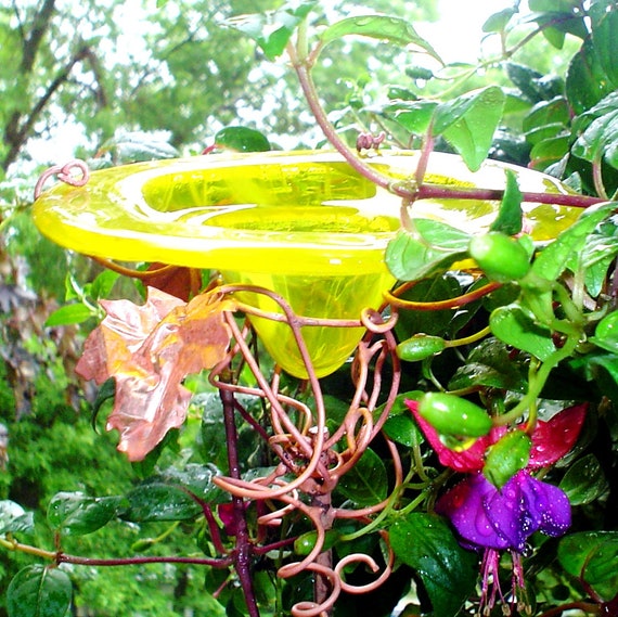 Bird And Butterfly Feeder Stained Glass Copper Garden Etsy