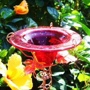 40th ANNIVERSARY GIFT, 18K Gold on Red GLASS , Bird Feeder, Butterfly Feeder, Copper Garden Art, Garden Gift,, Anniversary Gift under 50 image 1