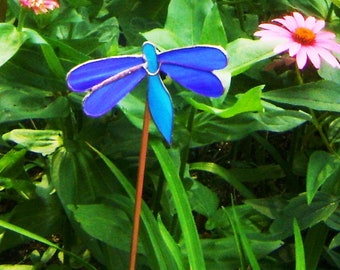 DRAGONFLY Garden STAKE, Stained Glass and Copper, Blue and Aqua, Stake height 18", Dragonfly is 5" wide, Gifts under 25, Container Gardening