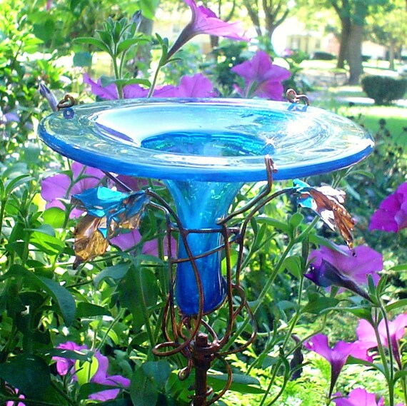 Hummingbird Feeder Stained Glass Copper Teal Blue Bird Etsy