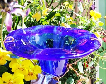 MADE in the USA Fused Glass, Stained Glass with Copper Accents, Cobalt Blue, Bird and Butterfly FEEDER, Garden Gift