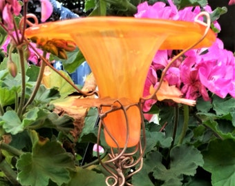 HUMMINGBIRD FEEDER, Neon ORANGE stained glass, Copper embellishments, Staked, Outdoor Home Decor