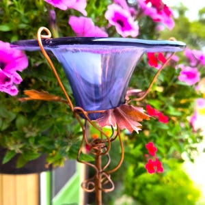 BIRDS and BUTTERFLIES will love you!  Smoky Violet glass for your Glass Garden!  FEEDER with copper accents, staked feeder, Garden Gift