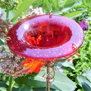 40th ANNIVERSARY GIFT, 18K Gold on Red GLASS , Bird Feeder, Butterfly Feeder, Copper Garden Art, Garden Gift,, Anniversary Gift under 50 image 3