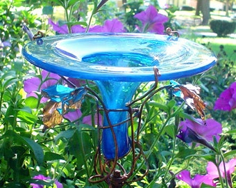 SUN CATCHER for the GARDEN, Hummingbird Feeder, stained glass, copper, Teal Blue, Garden Gift