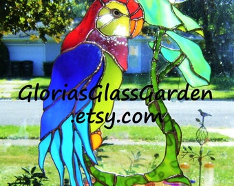 PARROT Stained Glass PANEL, Copper Patina, 13" x 9.5", comes with suction cups for hanging