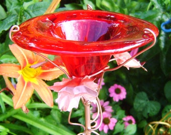 Christmas Red is Brilliant in the Garden!  BUTTERFLY Feeder, BIRD Feeder, stained glass and copper, Staked, Sun Catcher
