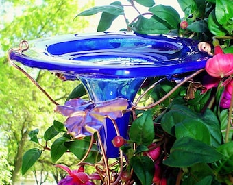 Cobalt BLUE Fused Stained Glass, Bird Feeder for ORIOLES and HUMMINGBIRDS, Copper Garden Art, Gifts under 50