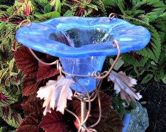 MADE in the USA Fused Glass, , Stained Glass with Copper Accents, Arctic Blue, Bird and Butterfly FEEDER, Garden Gift