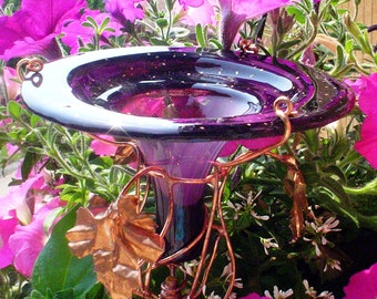18K Gold and Deep Purple HUMMINGBIRD FEEDER, Stained Glass and Copper, ORIOLE Feeder, 5" diameter, Garden Gift, Garden Art, Gifts under 50