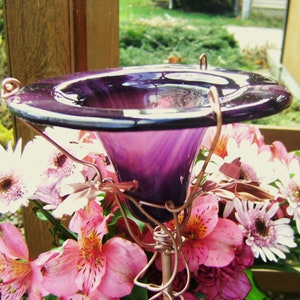 PURPLE Glass Feeder,  for BIRDS, BUTTERFLIES... Purple/Plum glass glass, copper garden art, Gifts under 50