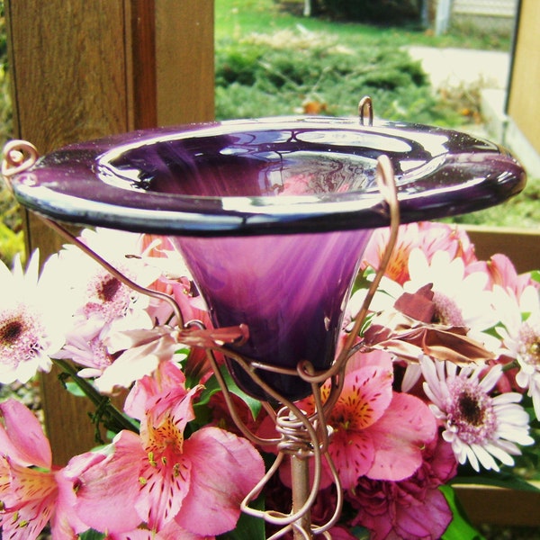 PURPLE Glass Feeder,  many other colors available, for BIRDS, BUTTERFLIES. Purple/Plum glass glass, copper garden art, Gifts under 50