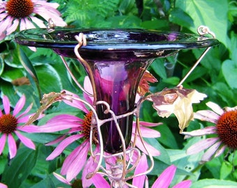 Dragonflies, HUMMINGBIRD FEEDER, stained glass, copper, garden stake, PURPLE Plum, Gifts under 50, Made in the United States