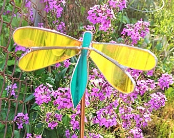 DRAGONFLY GARDEN STAKE, Stained Glass, Yellow and Green, 5" x 3.5" on an 18" metal stake, Garden Gift, Gifts under 25