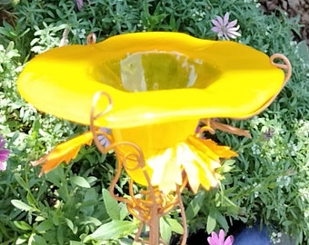 MARIGOLD ORANGE Garden Bird and Butterfly FEEDER, stained glass, copper garden, Gifts Under 50, Glass Garden, Yard Art, Outdoor Living
