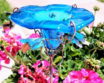 MADE in the USA Fused Glass, Stained Glass with Copper Accents, Turquoise Blue, Bird and Butterfly FEEDER, Garden Gift, Gifts under 50