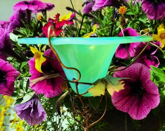 MADE in the USA Fused Glass, Opalescent Green Stained Glass with Copper Accents, Bird and Butterfly FEEDER, Garden Gift