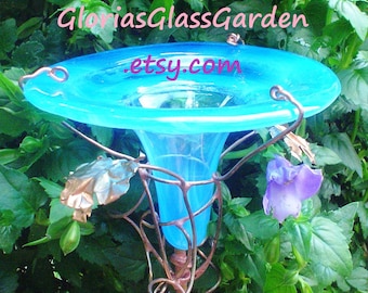 Feed your Orioles and Hummingbirds!  Copper, Aqua glass, Staked FEEDER, Yard Art