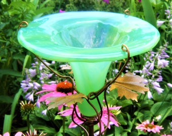 GARDEN GIFT, Copper and Stained Glass,  Aqua Lime staked FEEDER for Orioles and Hummingbirds, Gifts Under 50, Birthday Garden Gift