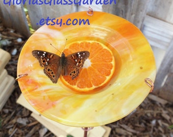 Fused Glass SUNCATCHER, Bird and Butterfly FEEDER, Yellow-Orange Stained Glass, Garden Art,  Copper Garden Art, GIFTS under 50