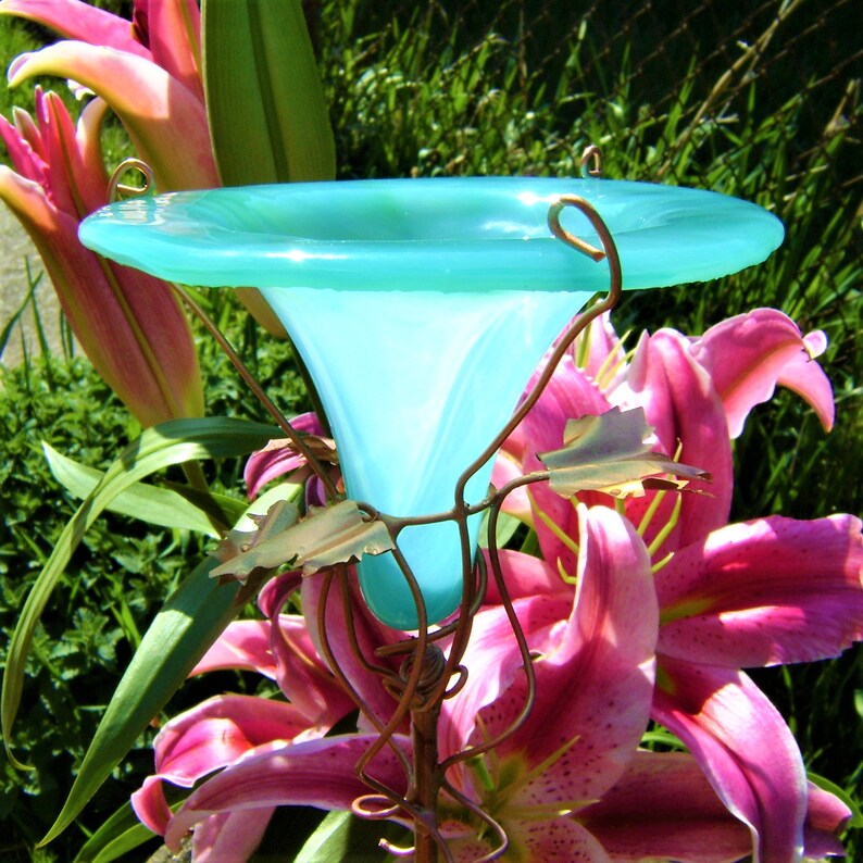 Hummingbird Feeder Stained Glass Copper Aqua Lime Bird Etsy