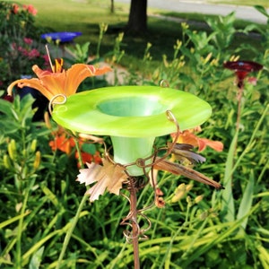 Chartreuse Green Glass, BIRD and BUTTERFLY Feeder, Staked, Copper Accents, Outdoor Decor, Garden Gift image 5