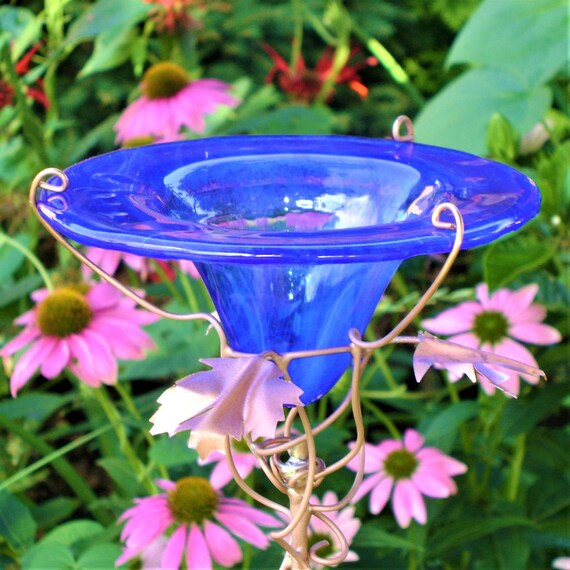 Garden Stake Butterfly Feeder Stained Glass Copper Denim Etsy