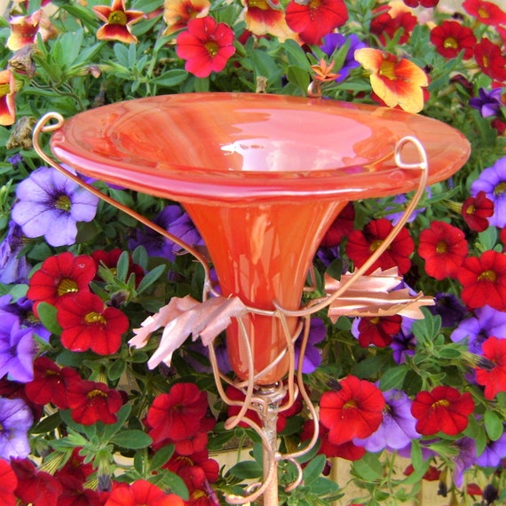 Coral Glass Hummingbird Feeder Stained Glass Copper Garden Etsy