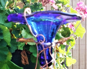 Cobalt Blue fused stained glass, copper embellishments, HUMMINGBIRD and ORIOLE FEEDER,  Garden Gift, Garden Stake, Made in United States